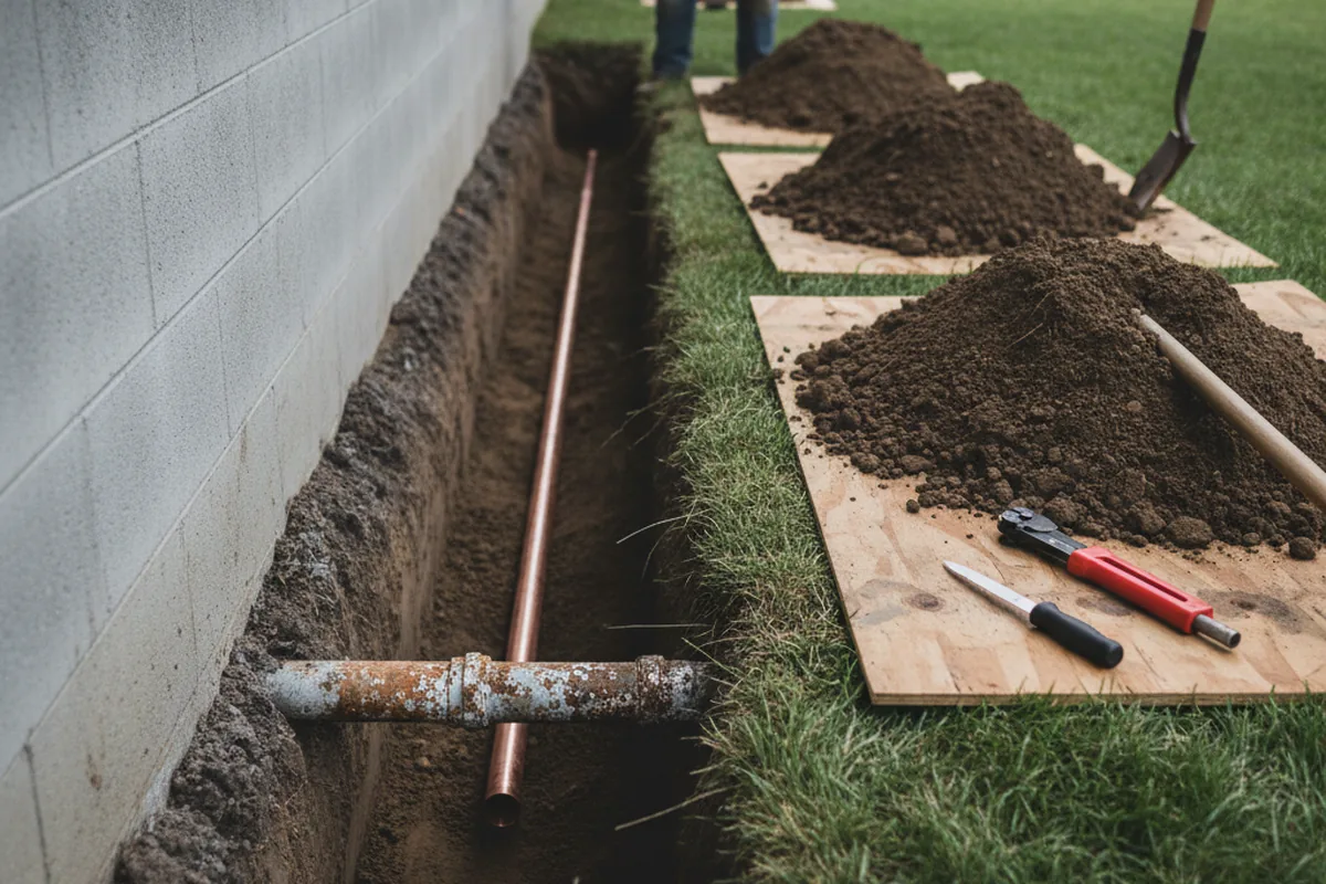 Excavated water line trench during Water Softener Installation in Tucson